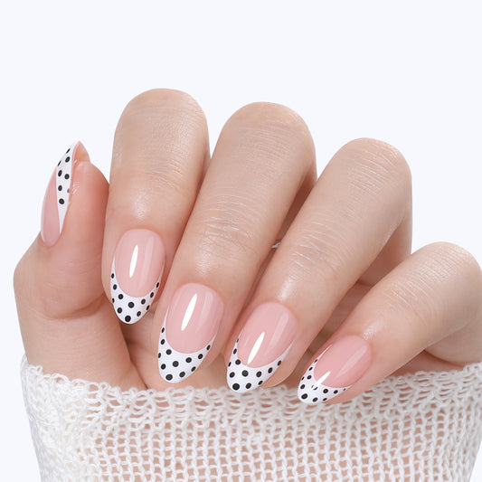 UNA GELLA polka dot French almond-shaped press-on nails with black polka dots, 32-piece set, soft gel nail tips.