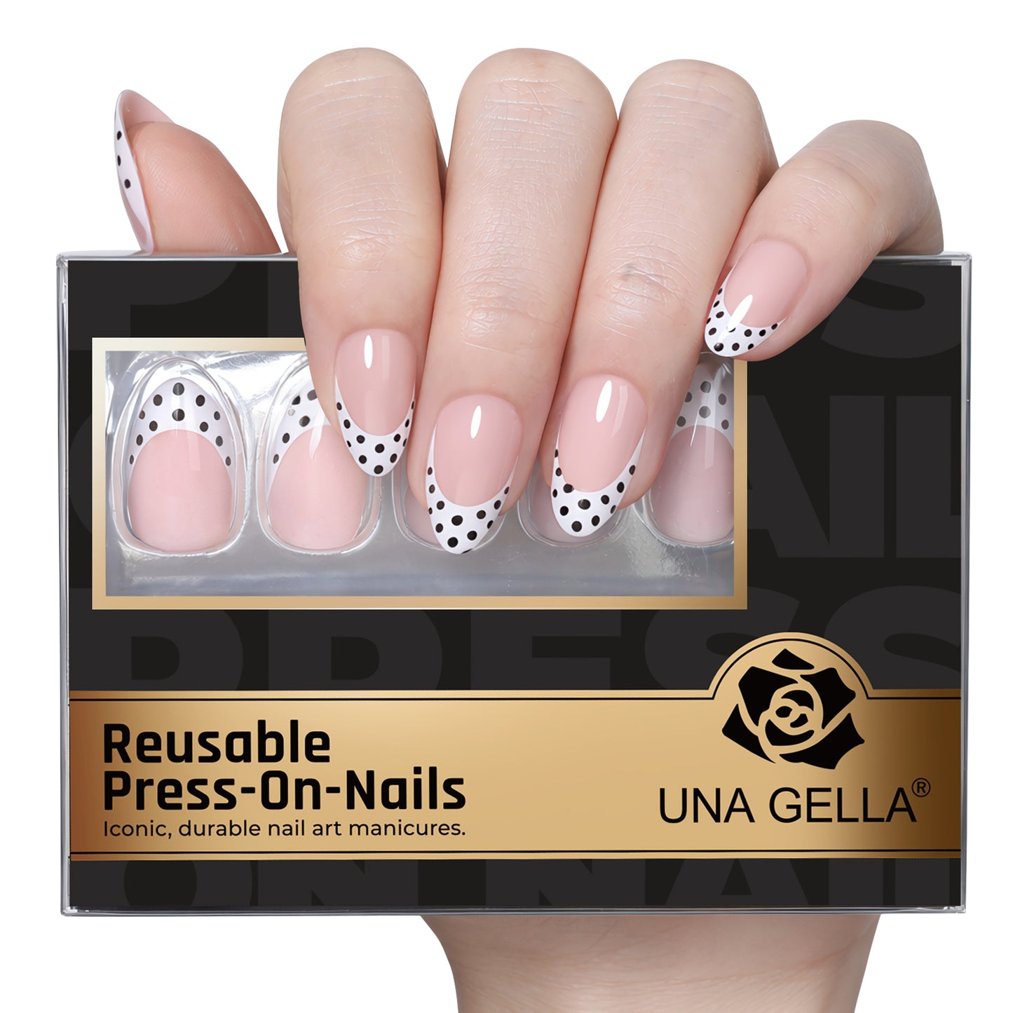 UNA GELLA polka dot French almond-shaped press-on nails with black dots, 32-piece soft gel nail tips for easy application.