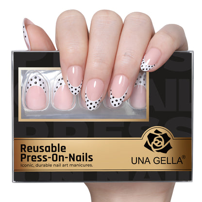 UNA GELLA polka dot French almond-shaped press-on nails with black dots, 32-piece soft gel nail tips for easy application.