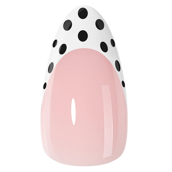 UNA GELLA Polka Dot French Almond Press-On Nails, 32-piece set with black polka dots on soft gel nail tips.