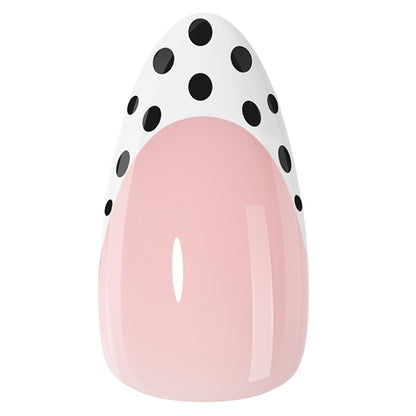 UNA GELLA Polka Dot French Almond Press-On Nails, 32-piece set with black polka dots on soft gel nail tips.