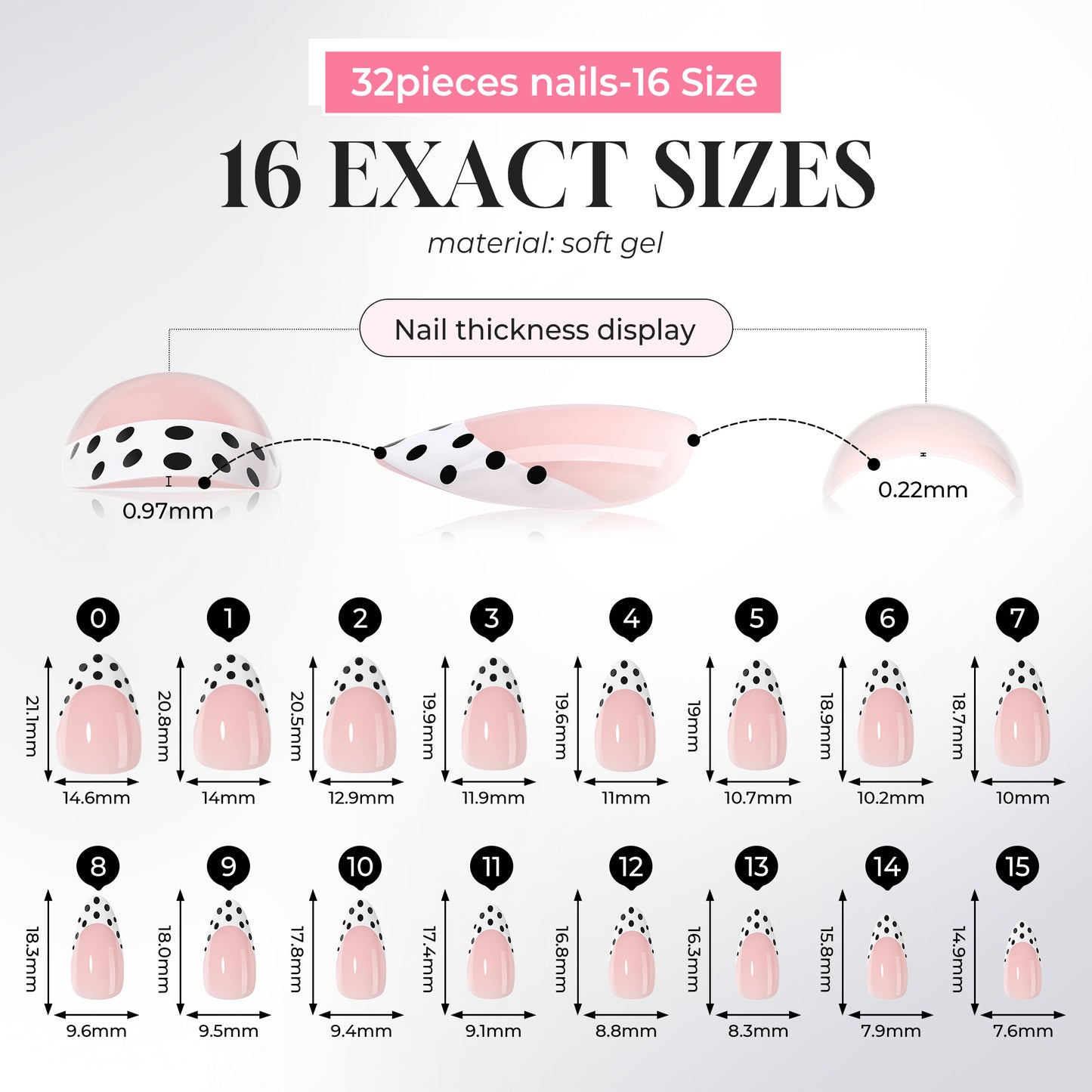 UNA GELLA polka dot French almond-shaped press-on nails with black polka dots, soft gel nail tips, 32-piece set.