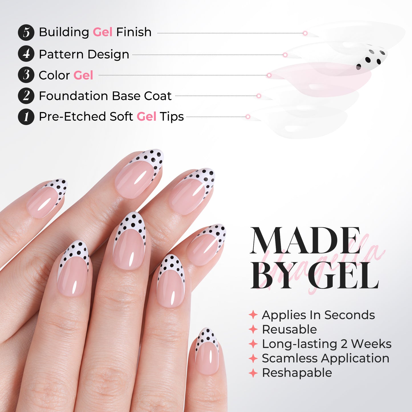 UNA GELLA polka dot French almond-shaped press-on nail tips with black polka dots, set of 32 soft gel nail tips.