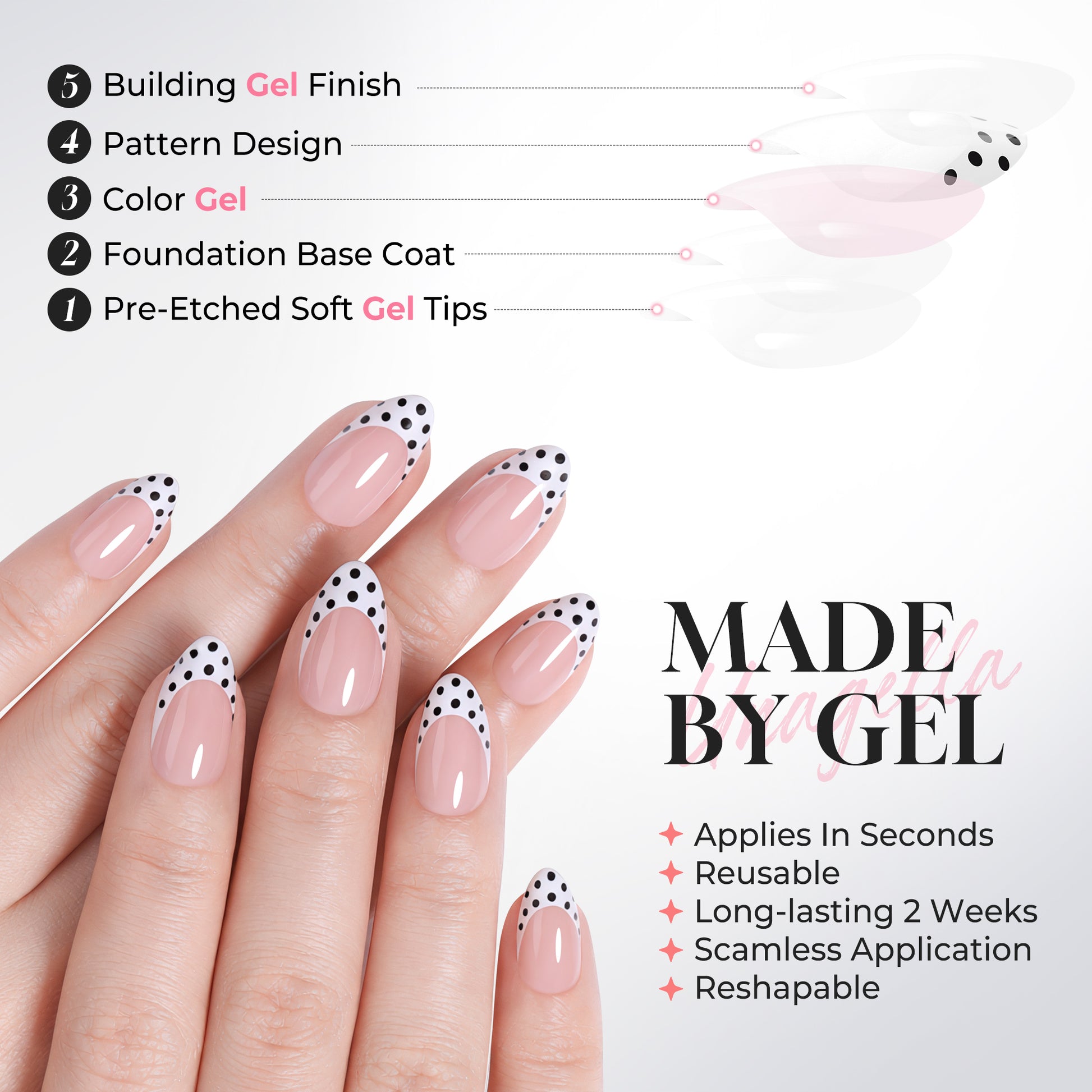 UNA GELLA polka dot French almond-shaped press-on nail tips with black polka dots, set of 32 soft gel nail tips.