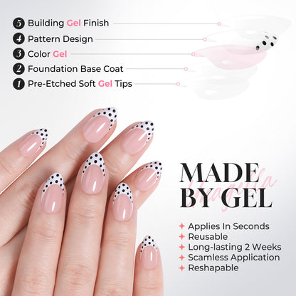 UNA GELLA polka dot French almond-shaped press-on nail tips with black polka dots, set of 32 soft gel nail tips.