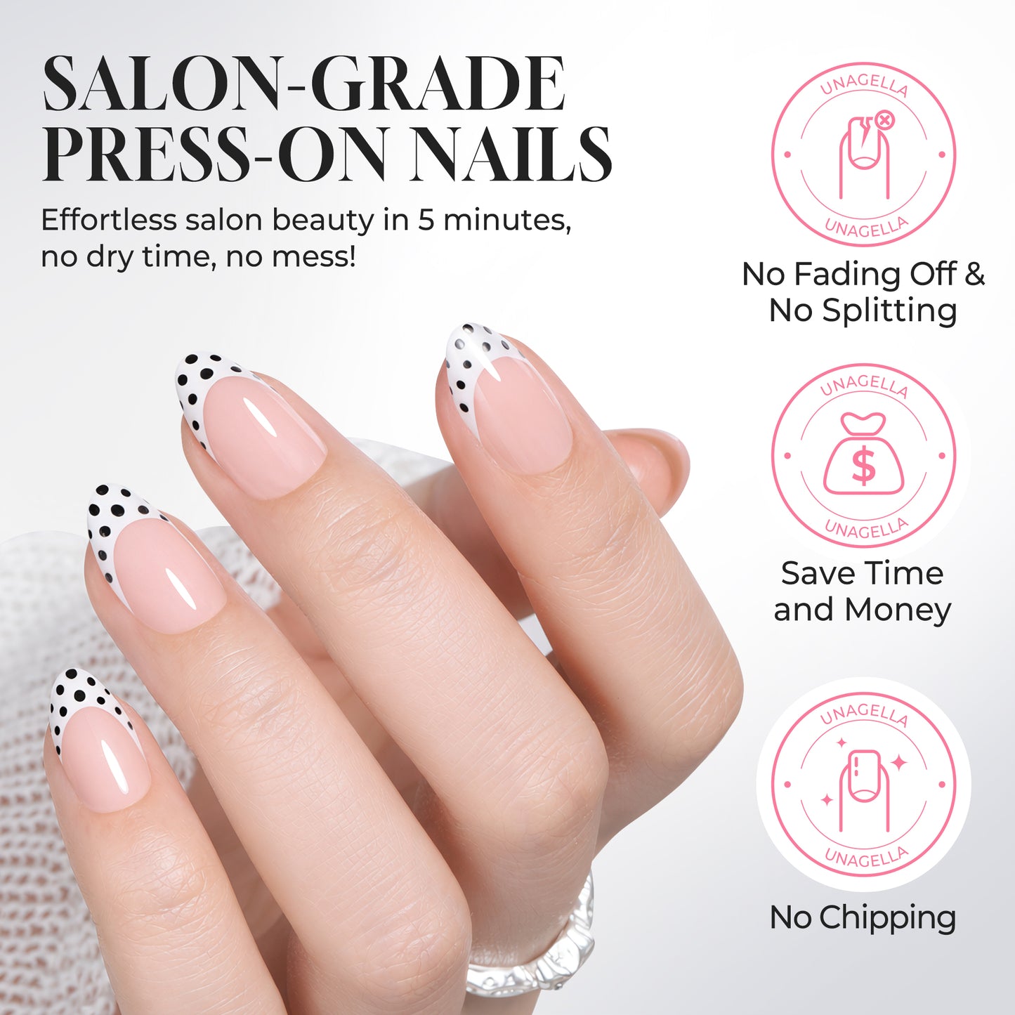 UNA GELLA Polka Dot French Almond Press-On Nails, 32-piece set with black polka dots, soft gel nail tips.