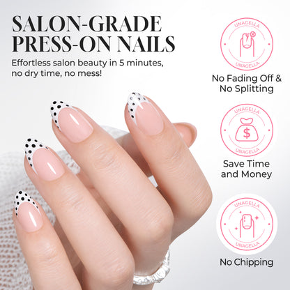 UNA GELLA Polka Dot French Almond Press-On Nails, 32-piece set with black polka dots, soft gel nail tips.