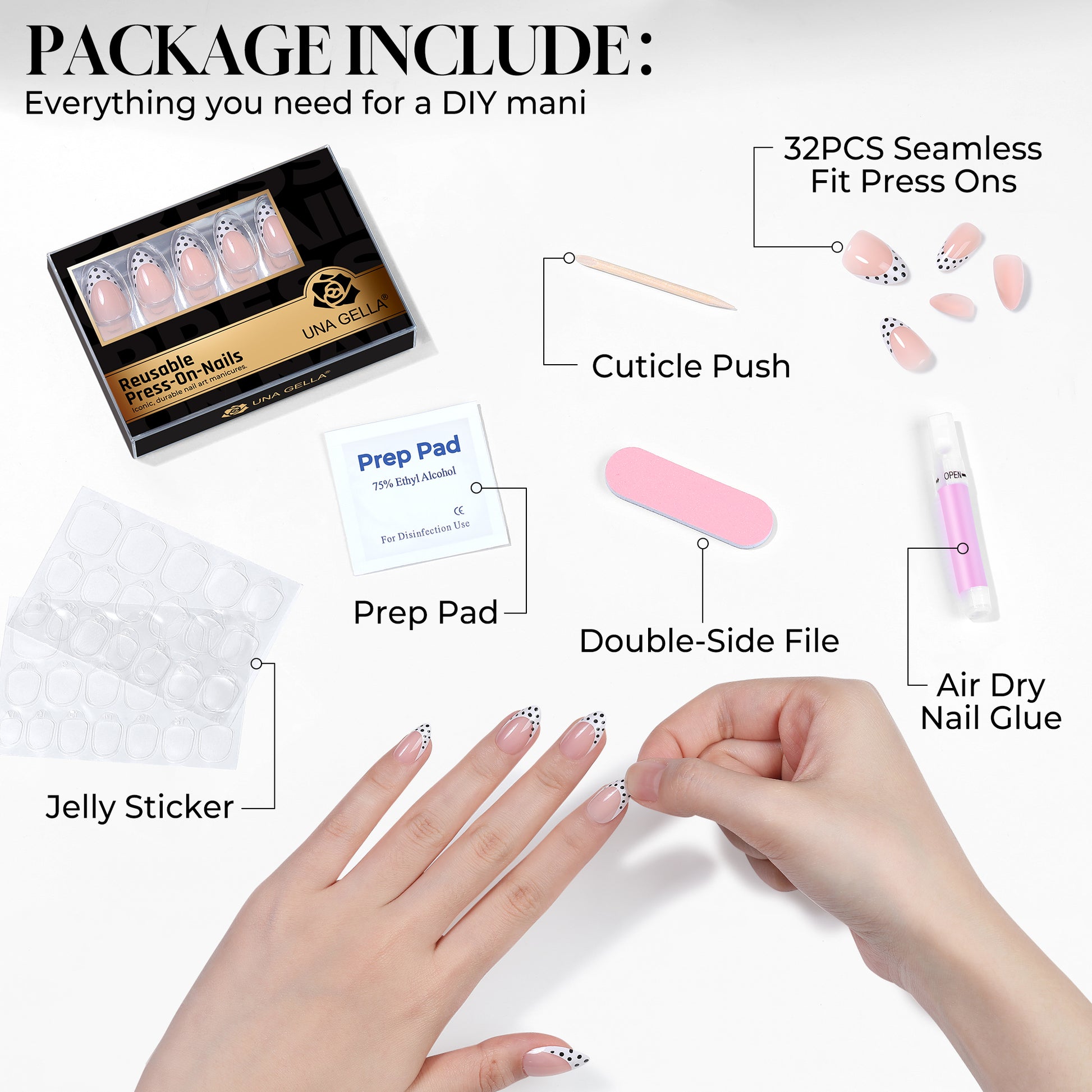 UNA GELLA Polka Dot French almond-shaped press-on nail tips with black polka dots, set of 32 soft gel nail tips.
