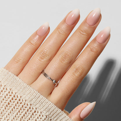 Short almond shape Ombre Soft Gel Press On Nails by UNA GELLA, showcasing natural nail tips in 16 sizes.