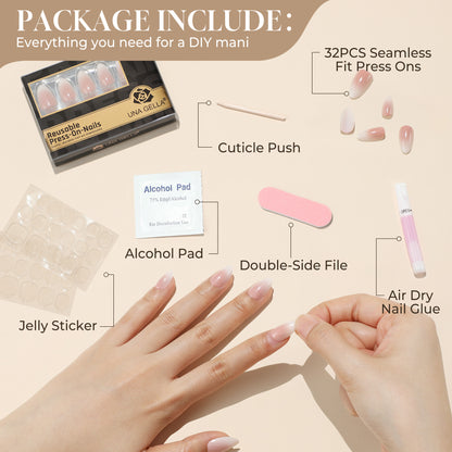 Short almond-shaped press on nails by UNA GELLA with ombre soft gel finish, displayed in various sizes.