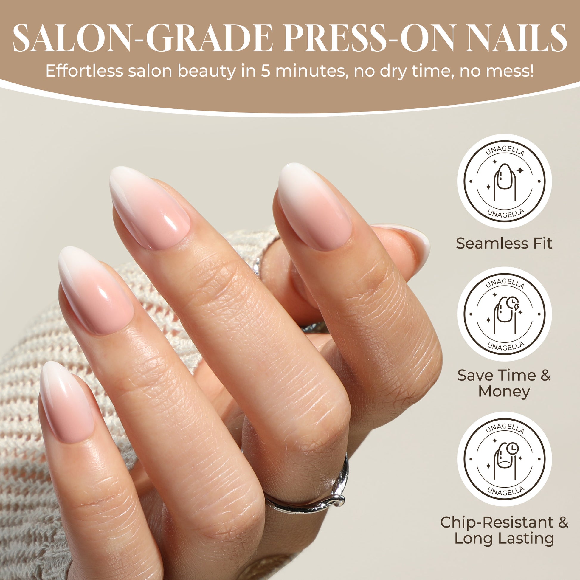 Short almond-shaped Ombre Soft Gel press-on nails by UNA GELLA, featuring 16 sizes for a natural, stylish nail tip look.