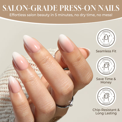 Short almond-shaped Ombre Soft Gel press-on nails by UNA GELLA, featuring 16 sizes for a natural, stylish nail tip look.