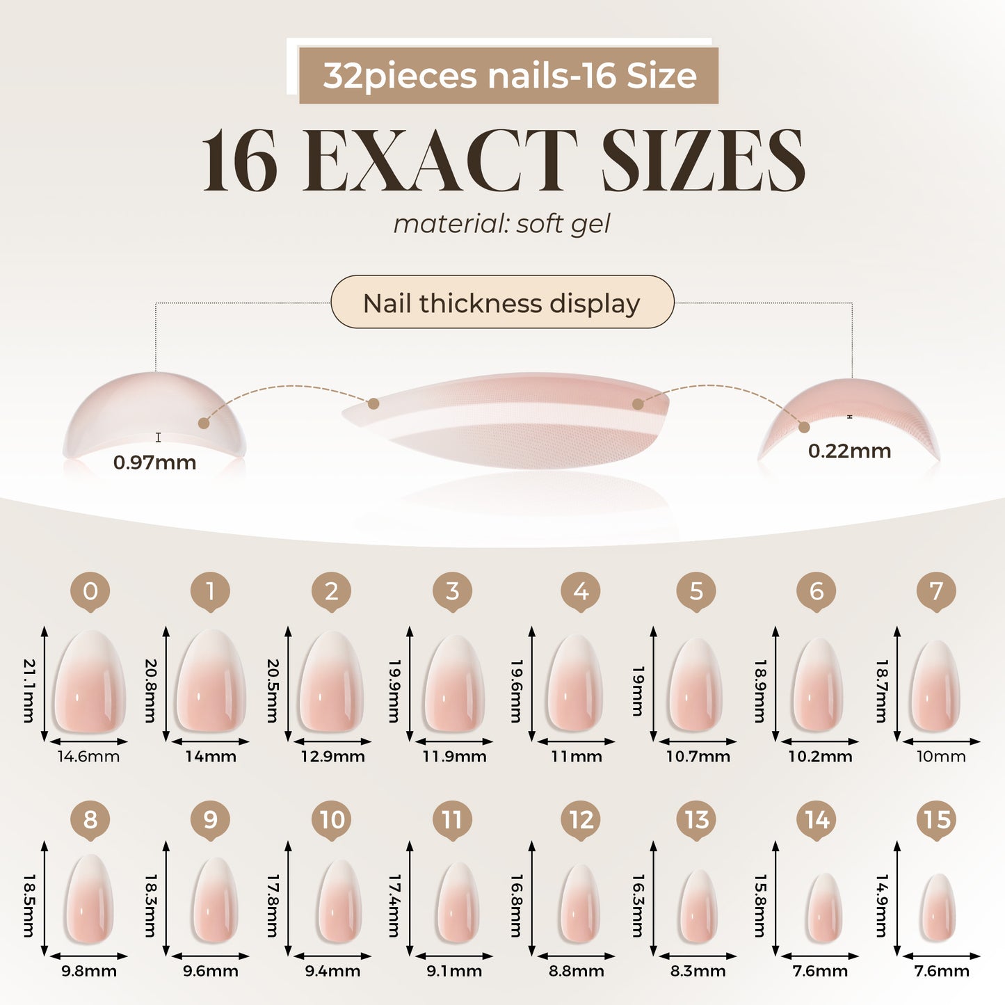 Short almond shape Ombre Soft Gel press-on nails from UNA GELLA, featuring 16 sizes and natural nail tips.