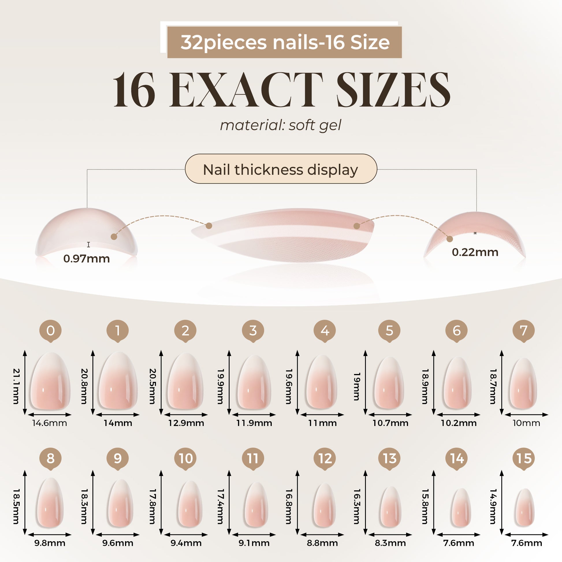 Short almond shape Ombre Soft Gel press-on nails from UNA GELLA, featuring 16 sizes and natural nail tips.