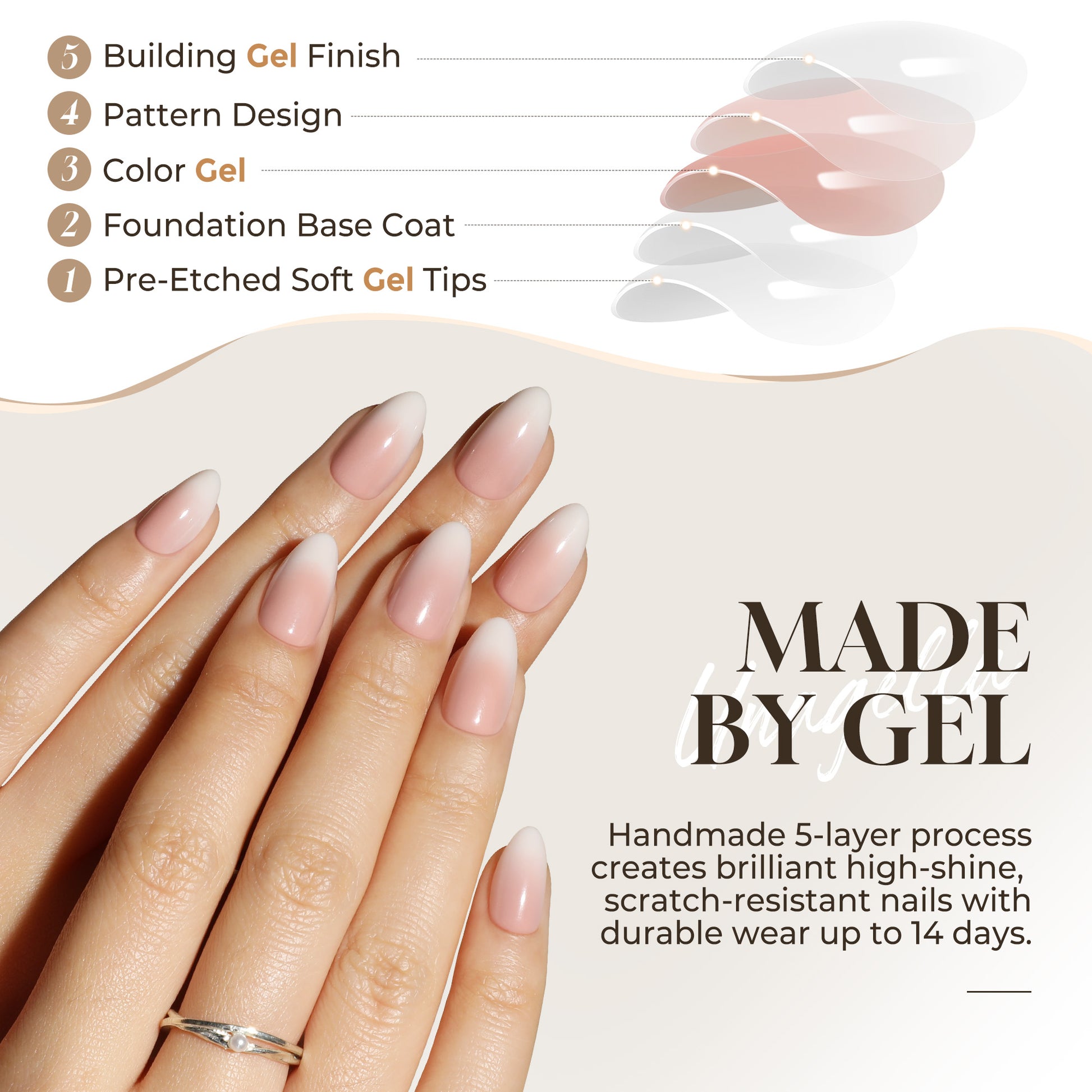 Short almond-shaped Ombre Soft Gel press-on nails by UNA GELLA, displaying 16 sizes of easy-to-apply nail tips.