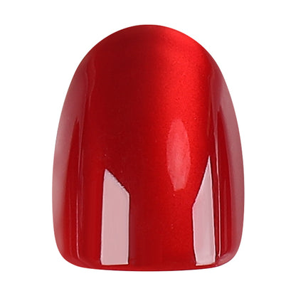 Red cat-eye press on nail tips by UNA GELLA, soft gel oval design, 32-piece set with 16 sizes for DIY manicures.