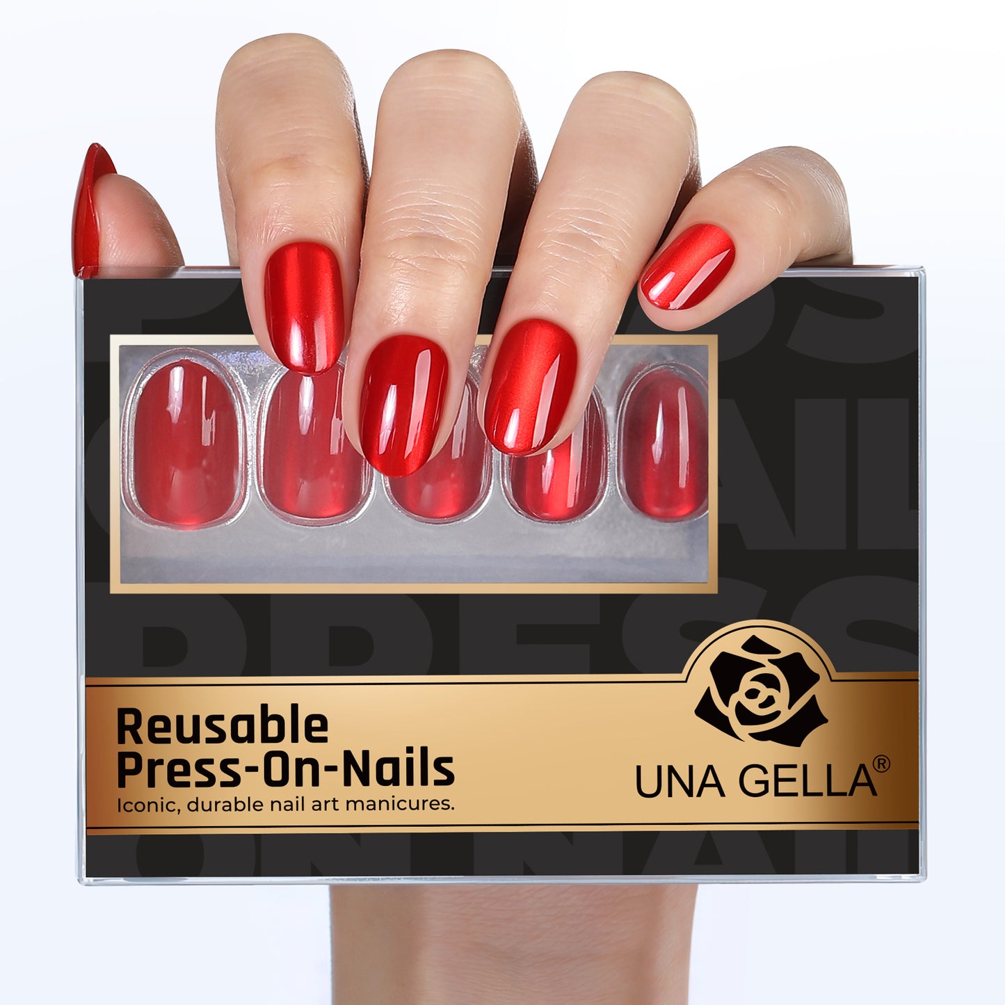 Red cat-eye press-on nail tips by UNA GELLA, oval soft gel nails in 16 sizes, DIY nail art, 32-piece set.