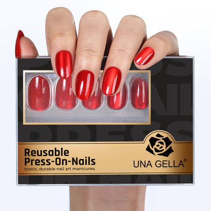 Red cat-eye press-on nail tips by UNA GELLA, oval soft gel nails in 16 sizes, DIY nail art, 32-piece set.