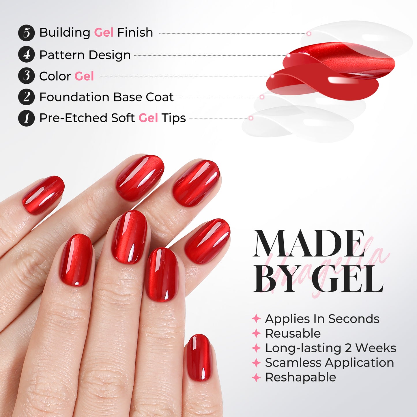 Red cat-eye press-on nail tips by UNA GELLA, oval soft gel nails, 32-piece set with 16 sizes for DIY manicures.