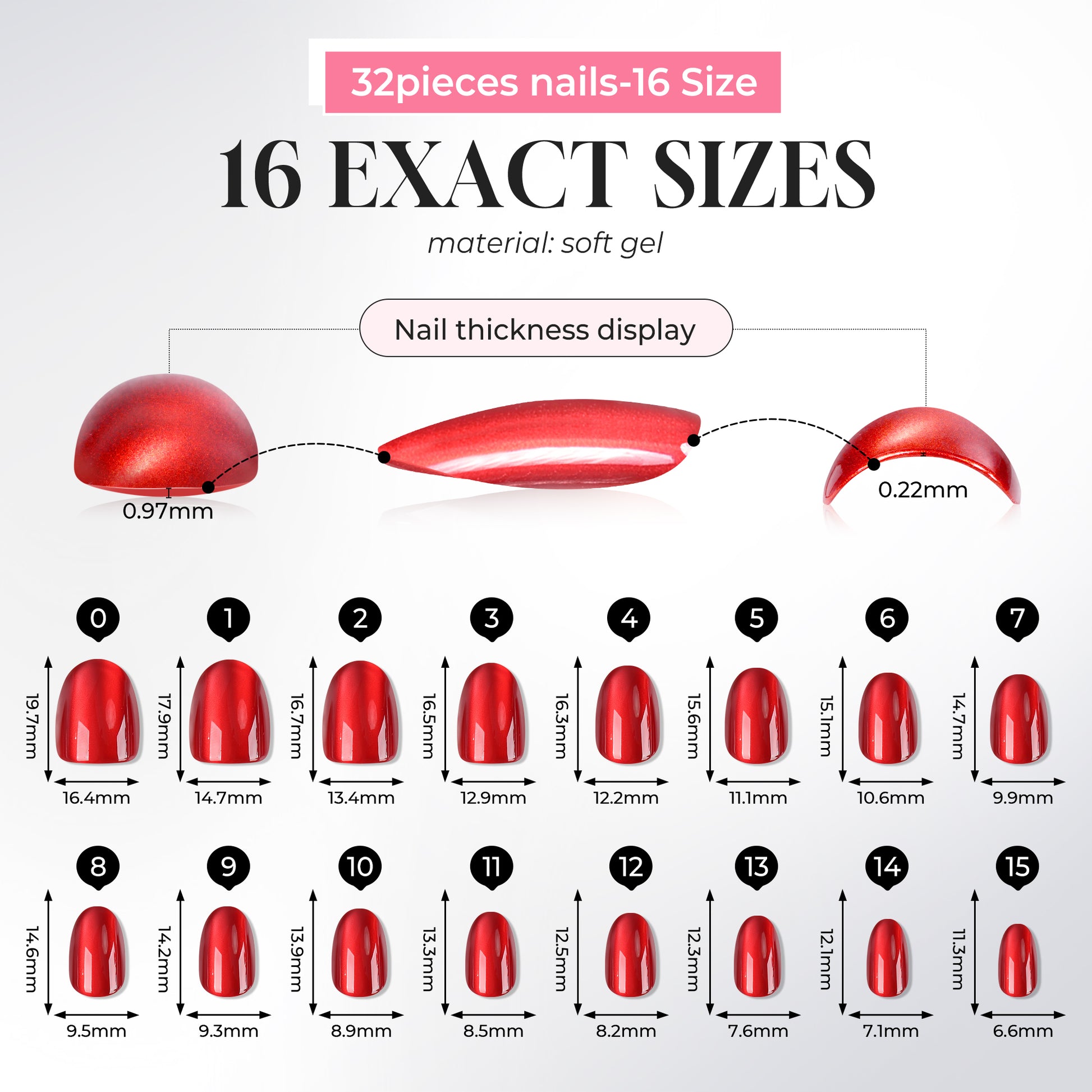 Red cat-eye press on nail tips by UNA GELLA, 32-piece set with 16 sizes, oval soft gel nail tips for DIY manicure.