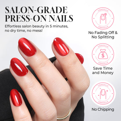 Red cat-eye press-on nail tips by UNA GELLA, 32-piece set with 16 sizes, soft gel oval design for DIY manicures.