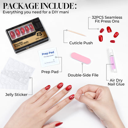 Red cat-eye press-on nail tips in oval shape from UNA GELLA, 32-piece set with 16 sizes, soft gel finish for easy DIY manicure.