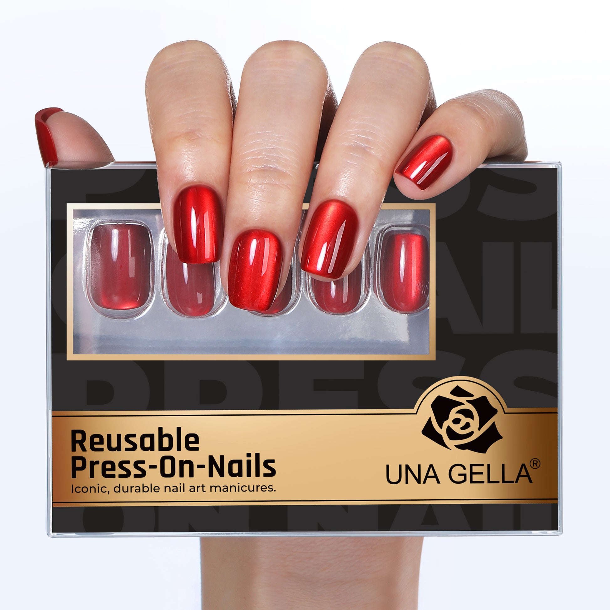 Red cat eye short square press-on nails by UNA GELLA, reusable gel nail tips for DIY nail designs, 32-piece set.