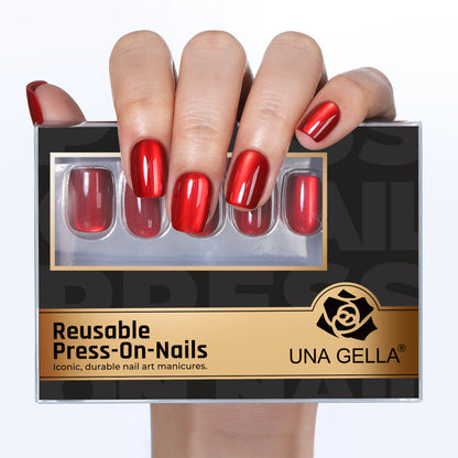 Red cat eye short square press-on nails by UNA GELLA, reusable gel nail tips for DIY nail designs, 32-piece set.