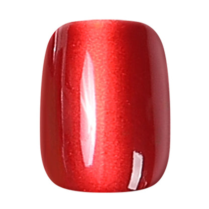 Red cat eye short square press-on nails by UNA GELLA, 32-piece set of reusable gel nail tips for DIY nail designs.