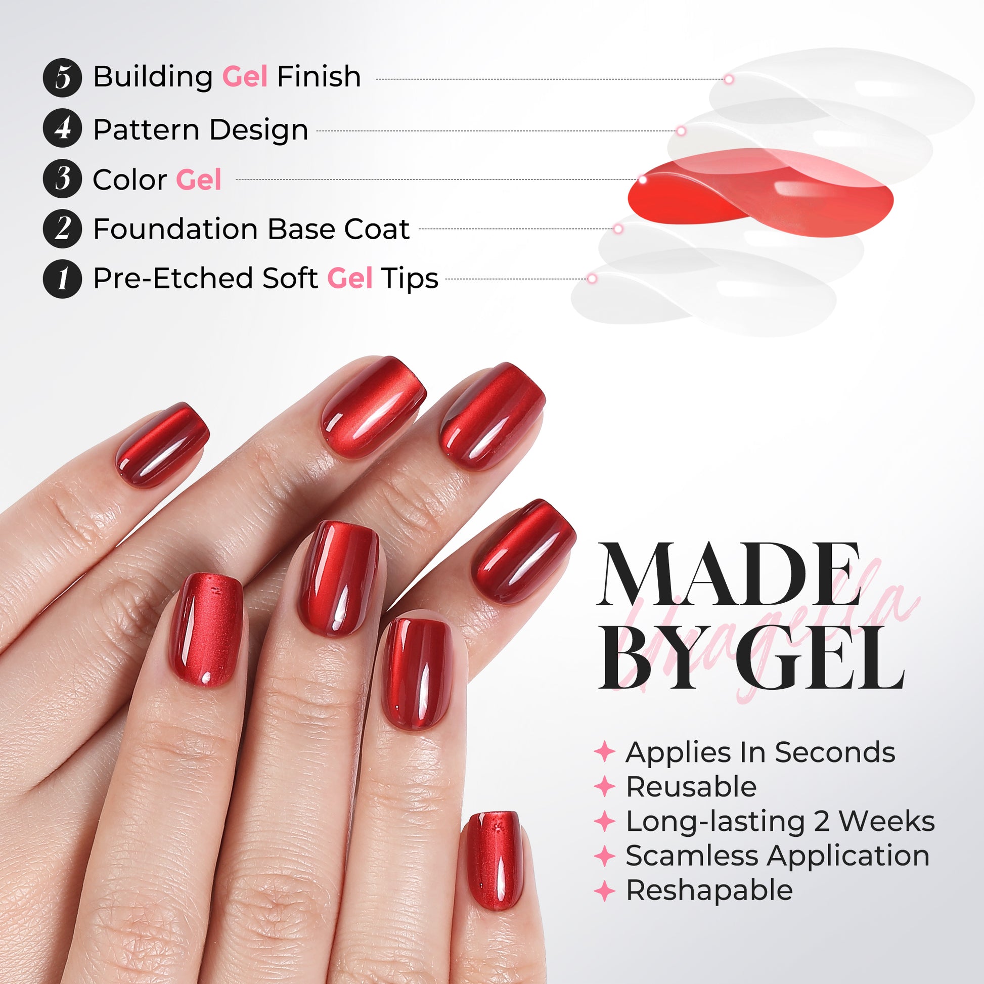 Red Cat Eye short square press-on nail tips by UNA GELLA, soft gel, reusable, 32-piece set for DIY nail design.