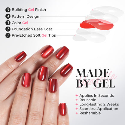 Red Cat Eye short square press-on nail tips by UNA GELLA, soft gel, reusable, 32-piece set for DIY nail design.