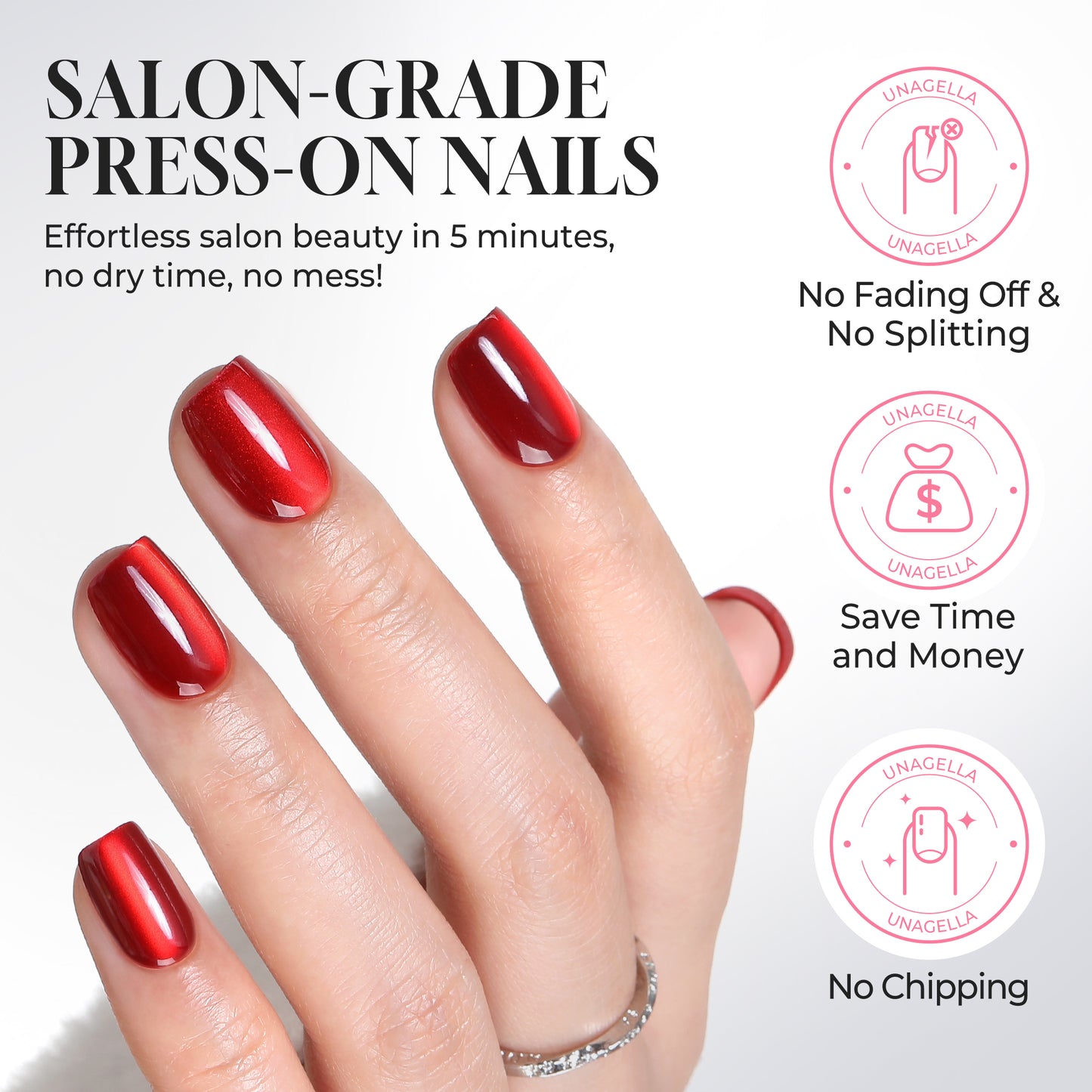 Red cat eye short square press-on nails by UNA GELLA, reusable soft gel nail tips, 32-piece set for DIY manicure.