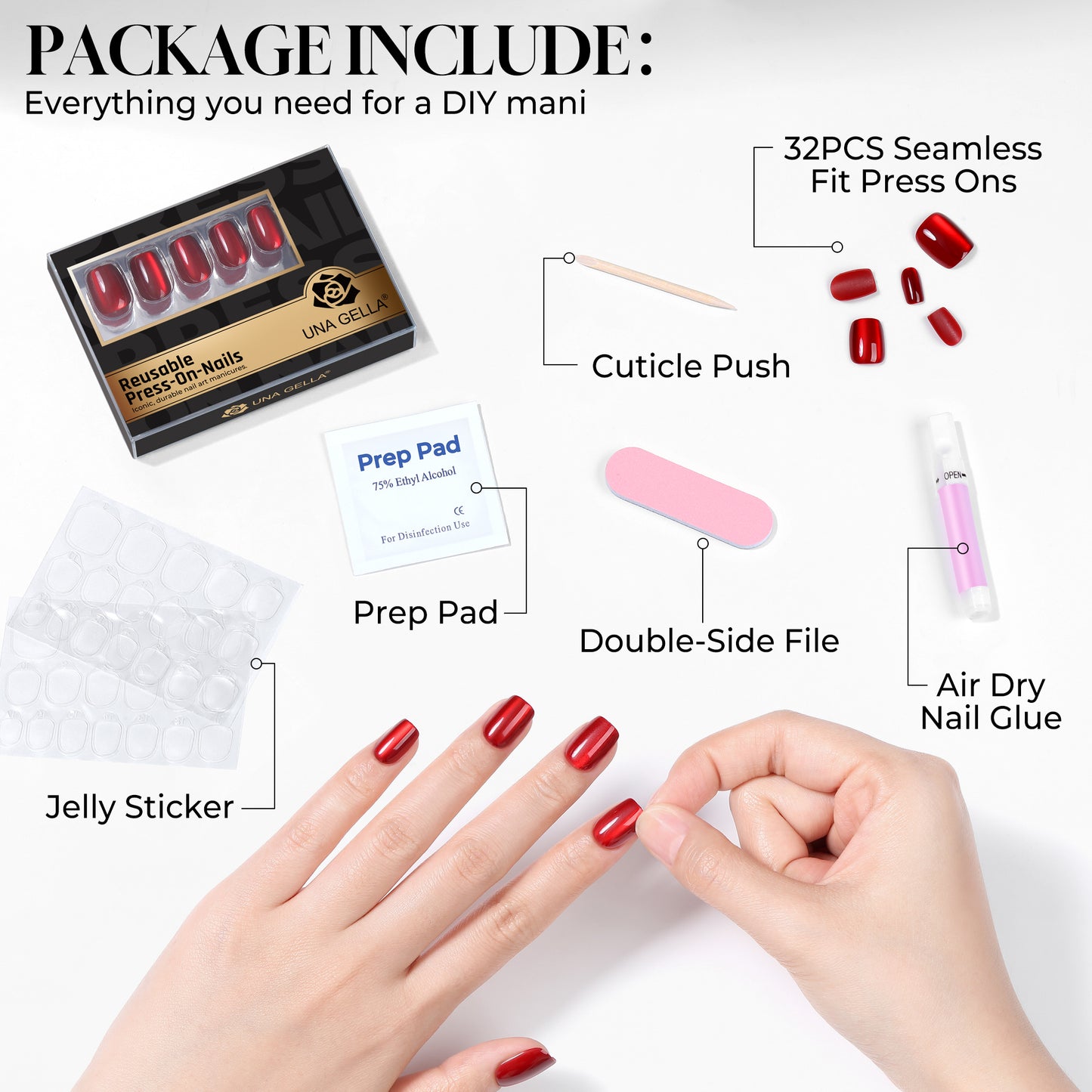 Red Cat Eye short square press-on nails by UNA GELLA, 32-piece set of reusable gel nail tips for DIY nail designs.