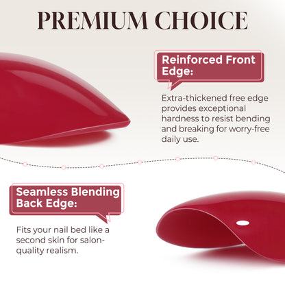 UNA GELLA Red Almond Press On Nails, soft gel nail tips in 16 sizes, 32-piece set, natural and elegant design.