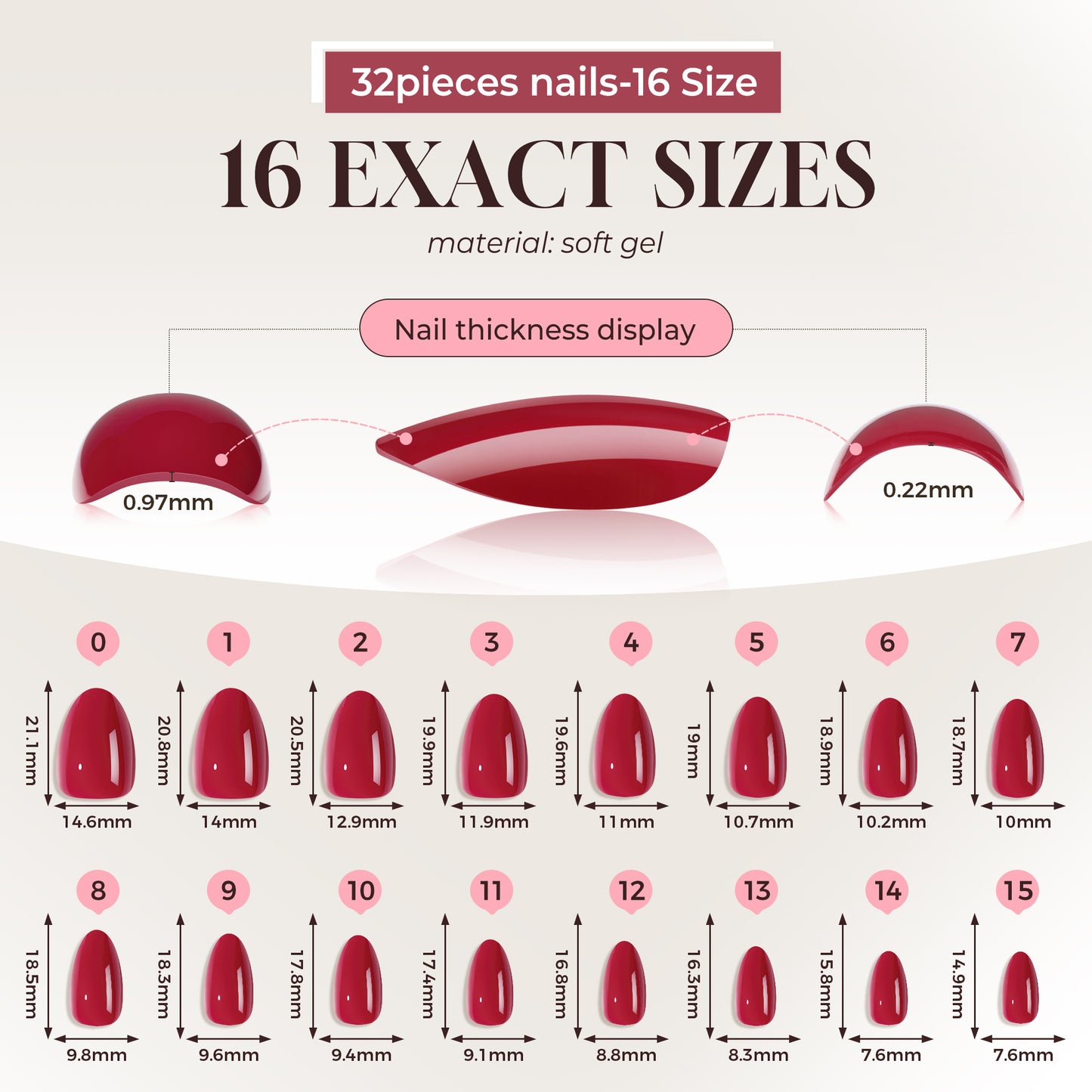 UNA GELLA Red Almond press-on nail tips, soft gel finish, 32-piece set with 16 sizes for easy manicure application.