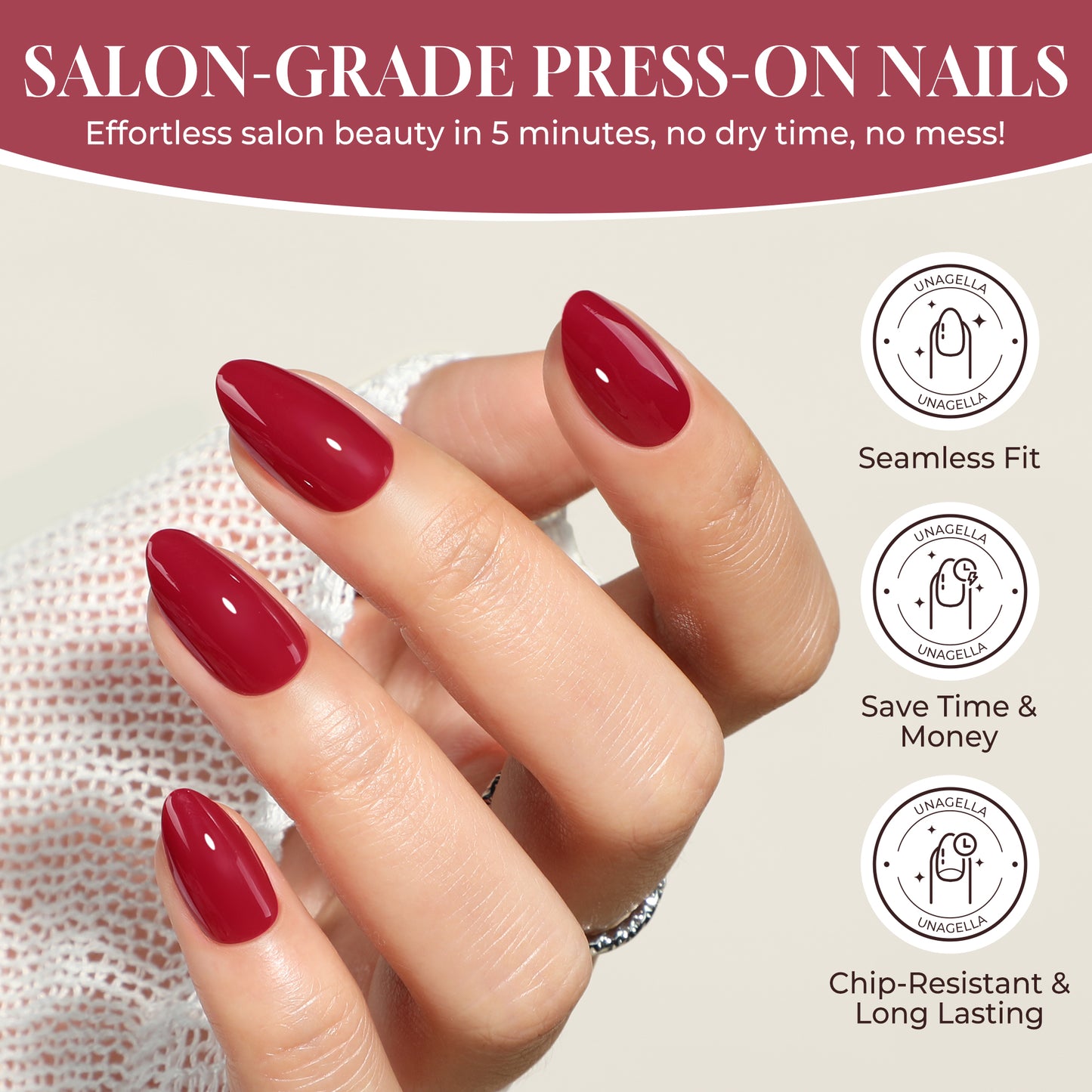 UNA GELLA Red Almond Press On Nails, soft gel nail tips in a 32-piece set with 16 sizes, showcasing elegant almond shape and vibrant red color.