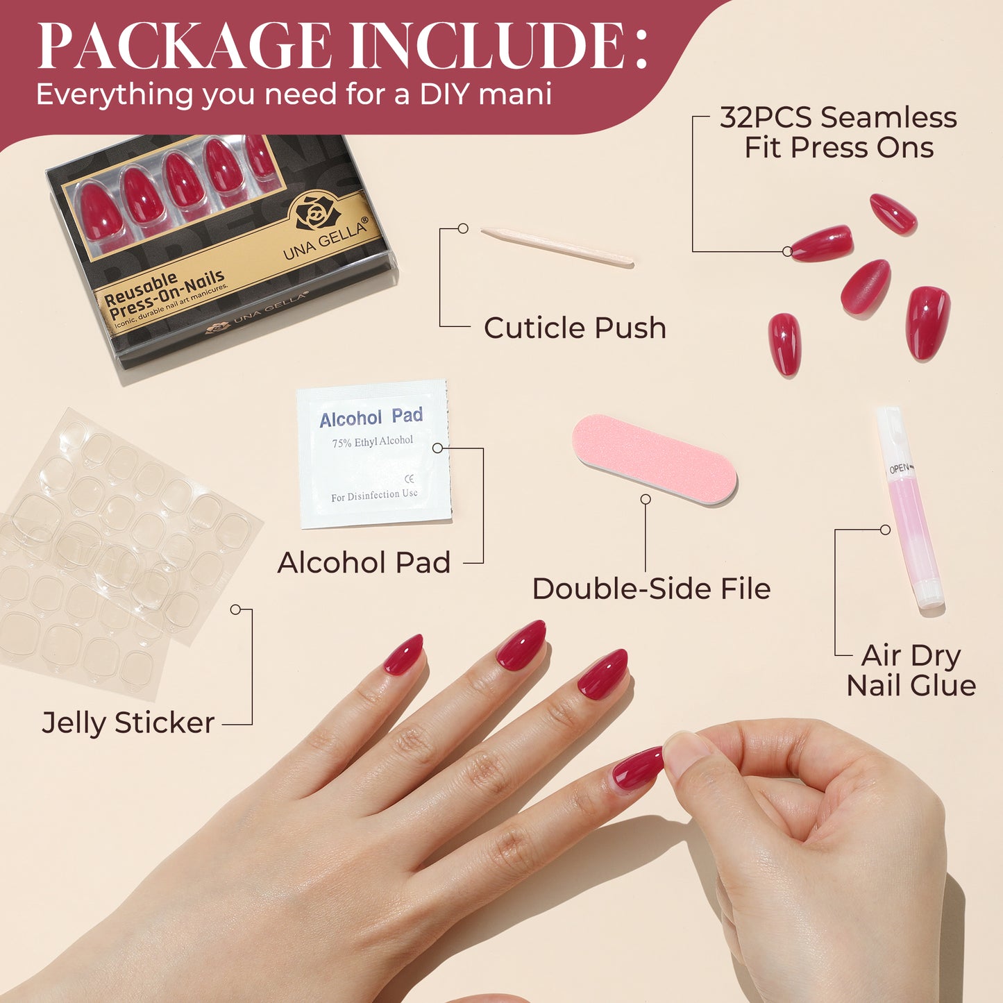 UNA GELLA Red Almond Press On Nails, soft gel nail tips in 16 sizes, 32 pieces, natural almond shape for easy application.