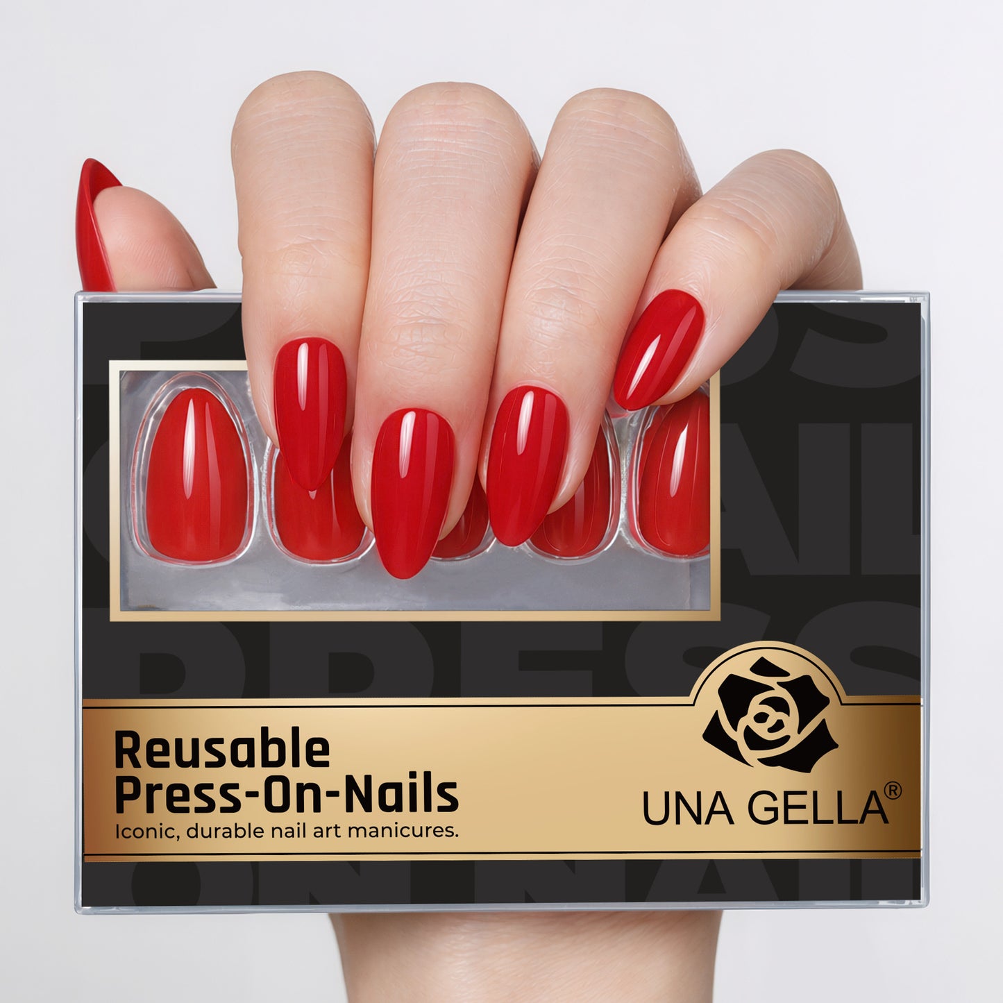 Reusuable almond-shaped red press-on nails by UNA GELLA, 32-piece set with 16 sizes, soft gel nail tips for DIY nail design.