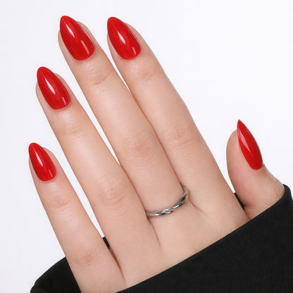 Reusuable almond-shaped red press-on nails by UNA GELLA, 32-piece set with 16 sizes, soft gel, perfect for DIY nail design.