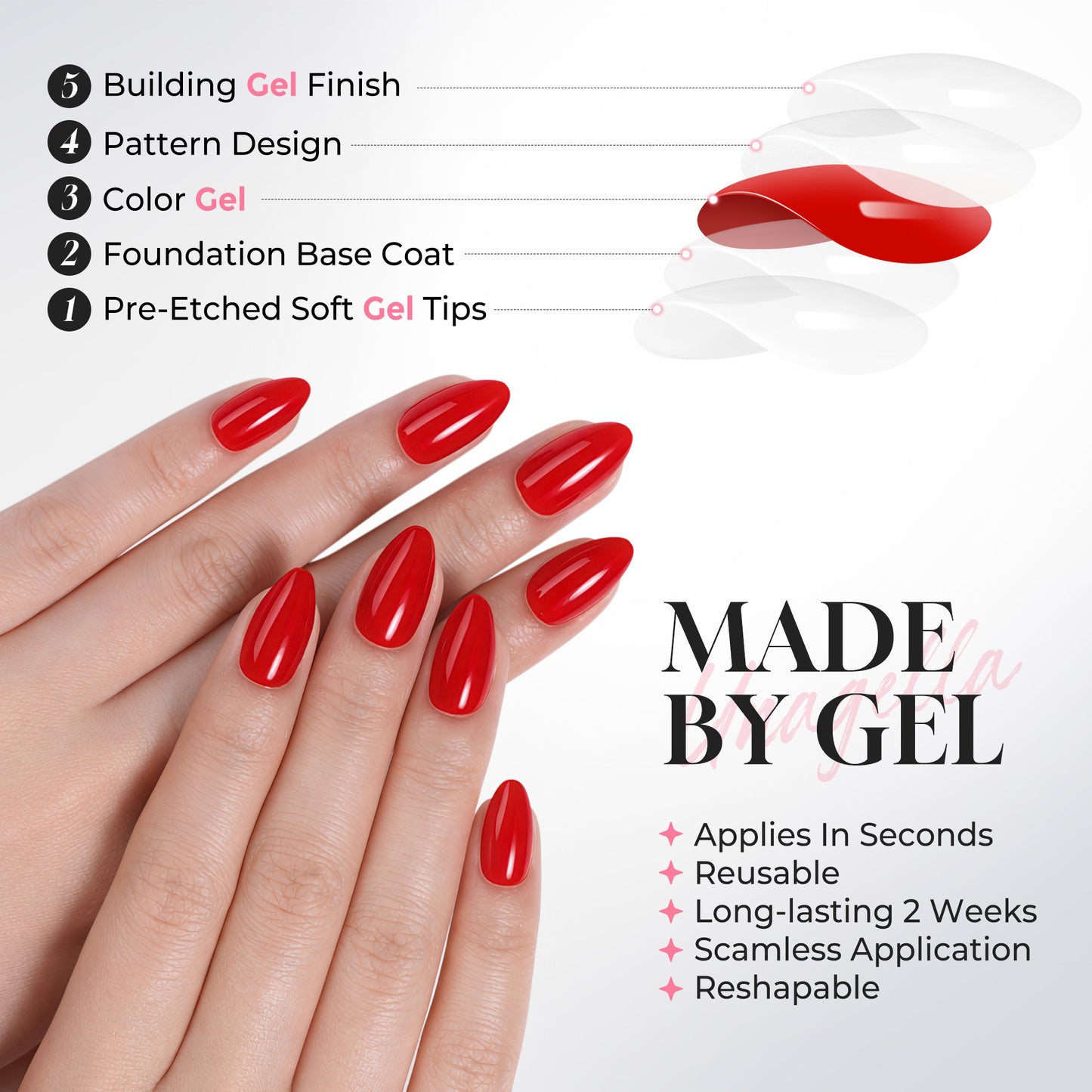 Reusable almond-shaped press-on nails by UNA GELLA in classic red, 32-piece set with 16 sizes for DIY nail designs.
