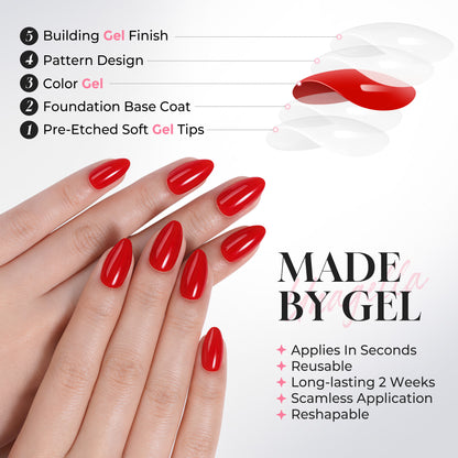 Reusable almond-shaped press-on nails by UNA GELLA in classic red, 32-piece set with 16 sizes for DIY nail designs.