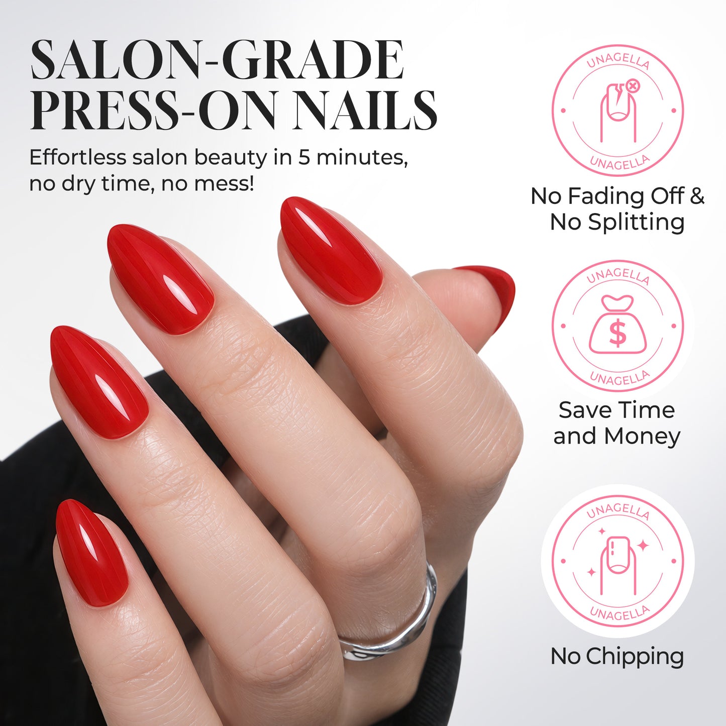 Reusable almond-shaped press-on nails by UNA GELLA in classic red, 32-piece set with 16 sizes for easy DIY nail design.