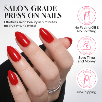 Reusable almond-shaped press-on nails by UNA GELLA in classic red, 32-piece set with 16 sizes for easy DIY nail design.