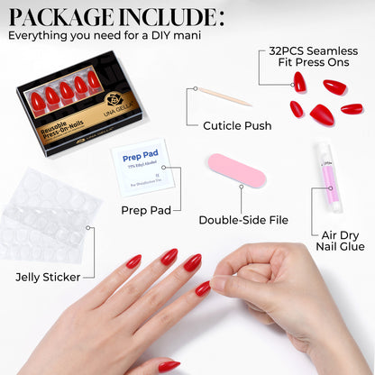 Reusable almond-shaped press-on nails by UNA GELLA in classic red, 32-piece set with 16 sizes for DIY gel nail designs.