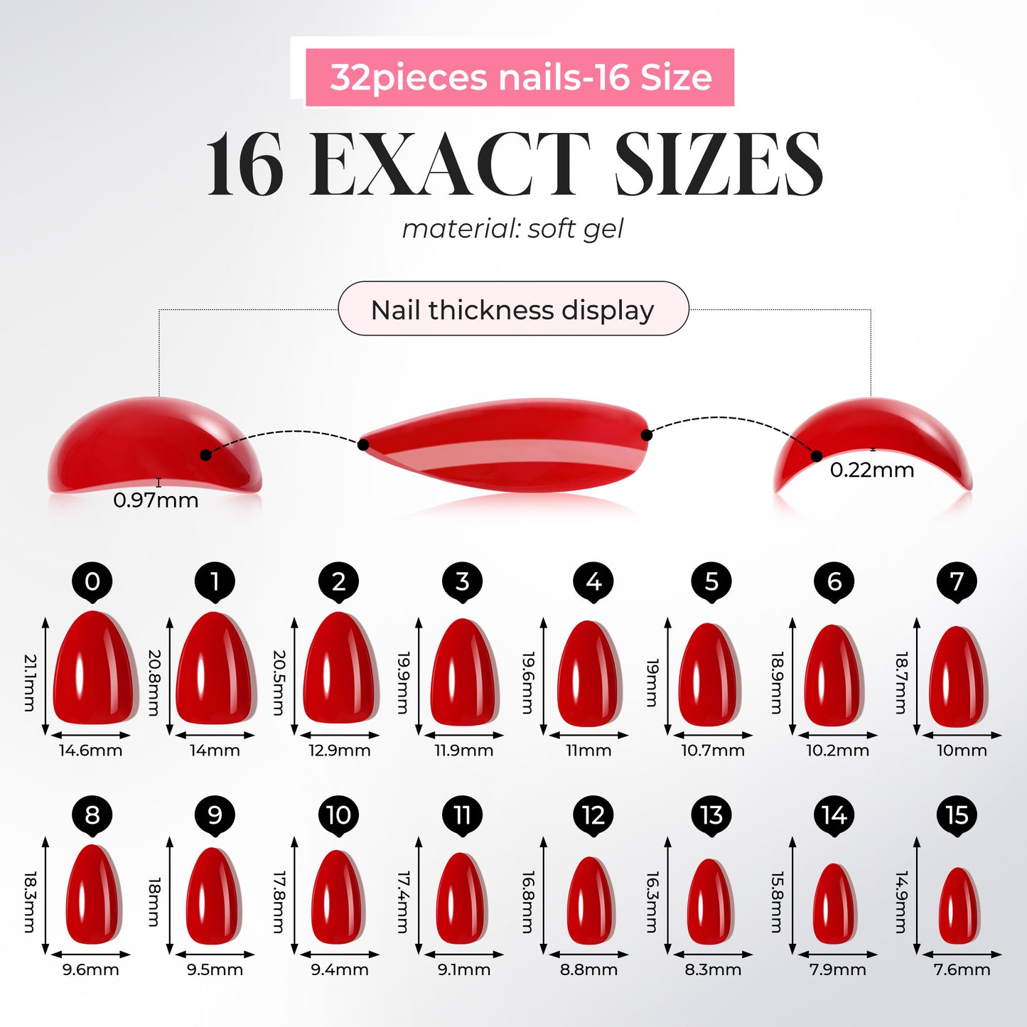 Reusable almond-shaped press-on nails by UNA GELLA in classic red with 16 sizes, soft gel, for DIY nail designs.