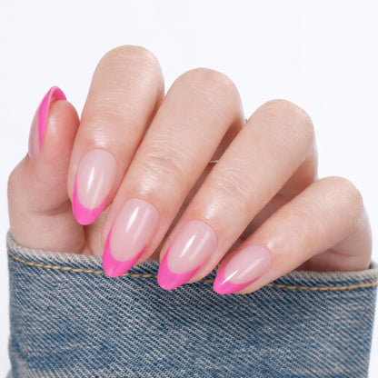 Set of 32 UNA GELLA soft gel press-on nails in hot pink with French almond shape, reusable DIY nail tips for a stylish look