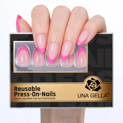 Set of 32 UNA GELLA soft gel press-on nails in hot pink French almond shape, reusable nail tips for DIY manicures