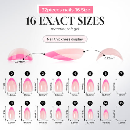 UNA GELLA 32pcs soft gel press-on nails in hot pink and French almond shape, reusable nail tips for DIY manicures.