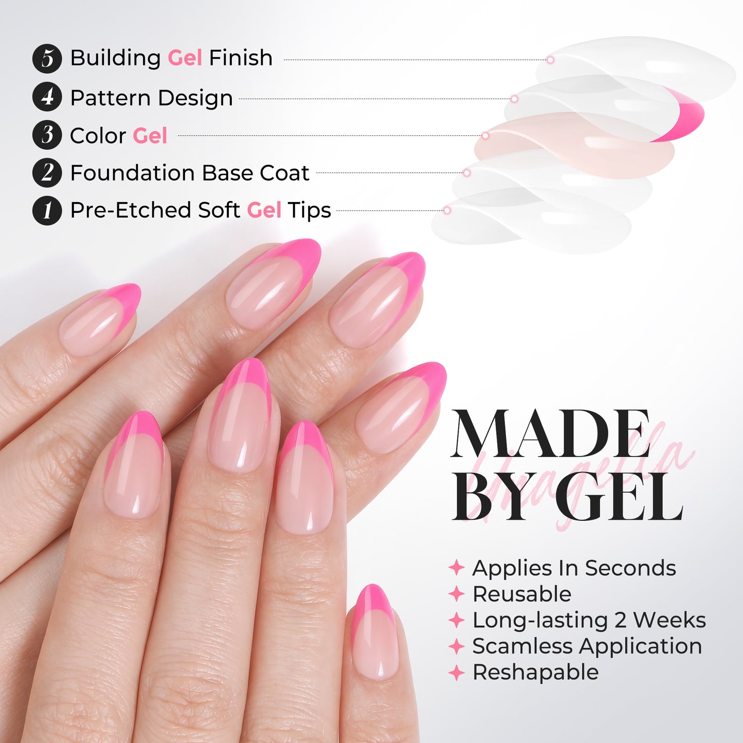UNA GELLA 32pcs hot pink French almond-shaped gel press-on nails, reusable nail tips for DIY manicures.
