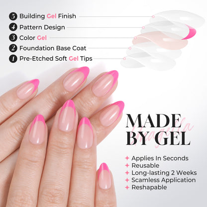 UNA GELLA 32pcs hot pink French almond-shaped gel press-on nails, reusable nail tips for DIY manicures.